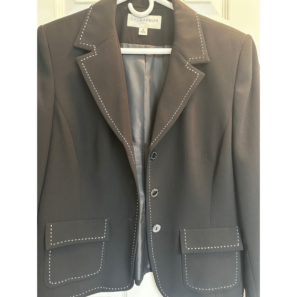 Sag Harbor Suit Womens Black Blazer Contrast Pick Stitch 3 Button Jacket Size 16